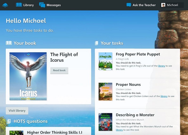 A pupil's Giglets dashboard featuring the book The Flight of Icarus and some tasks.