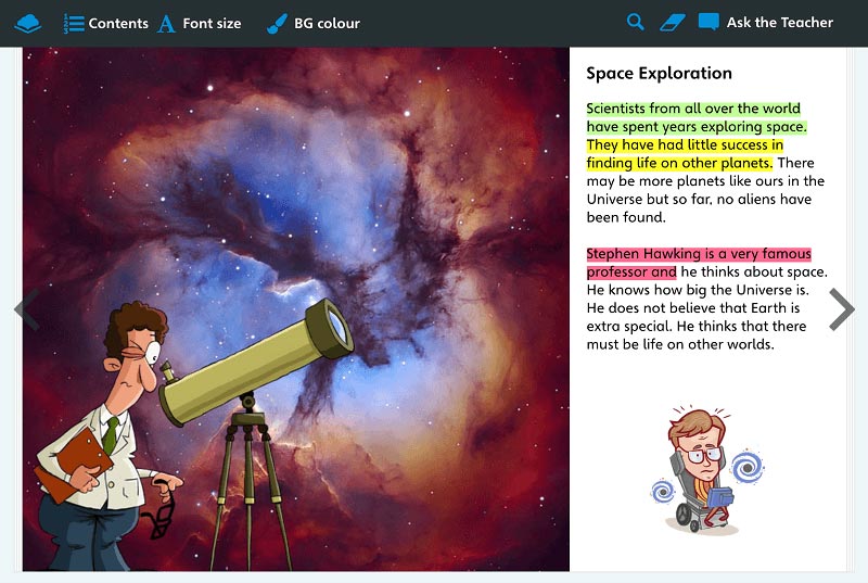 A page from a Giglets book featuring a man using a telescope. Some text has been highlighted in different colours.