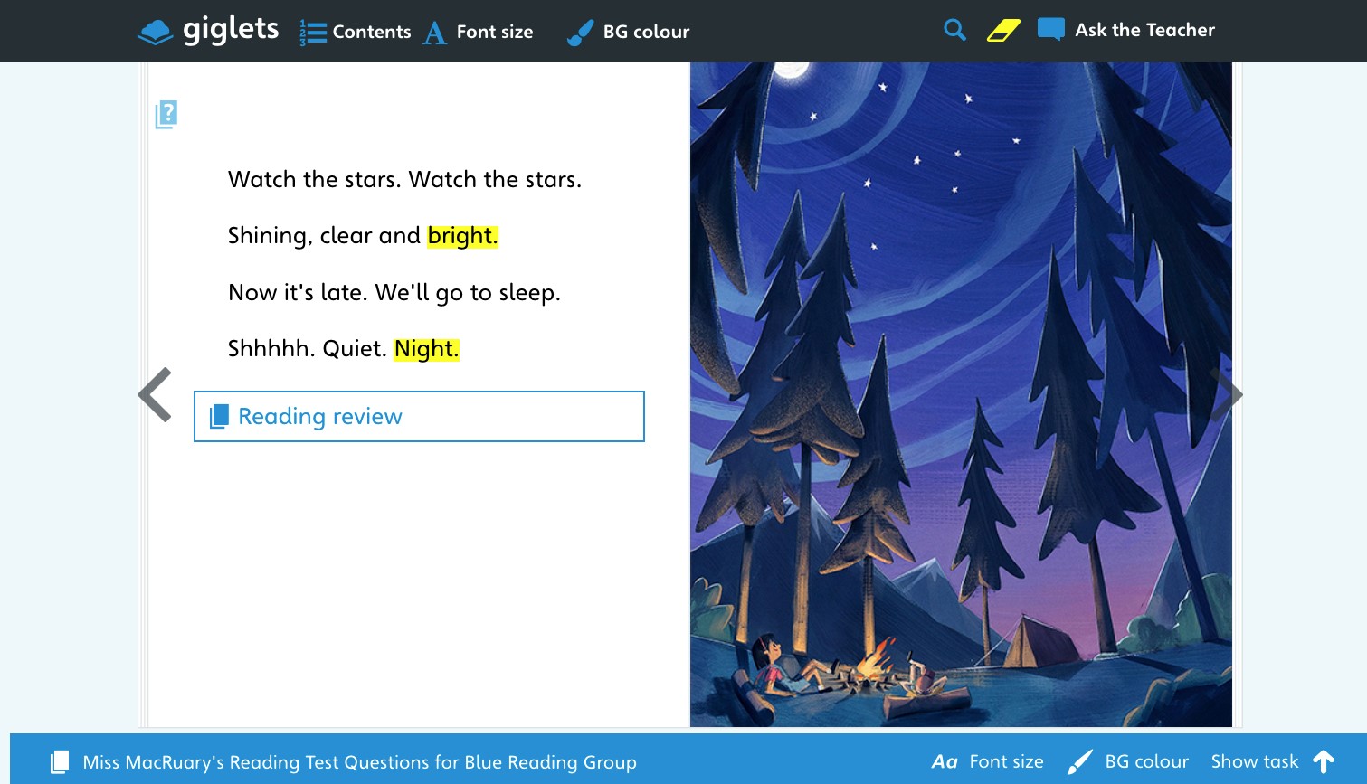 An image showing a pupil reading Going Camping on Giglets and starting a task set by their teacher.